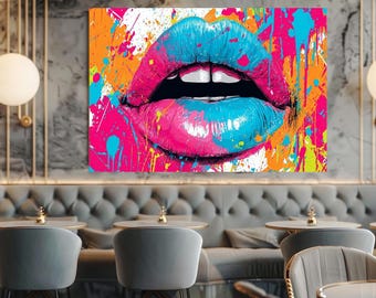 Colorful Pop Art Lips Canvas Wall Art Print Modern Urban Graffiti Style Bold Pink Blue Lip Painting for Bedroom or Salon Decor