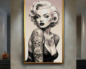 Tattooed Pin-Up Girl Canvas Wall Art, Vintage Style Woman with Floral Tattoos Portrait, Retro Tattoo Babe Aesthetic Decor for Ink Lovers
