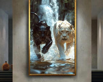 Black Panther and White Lion Wall Art Canvas, Powerful Wild Cats Running in Waterfall Scene, Wildlife Nature Decor for Animal Lovers