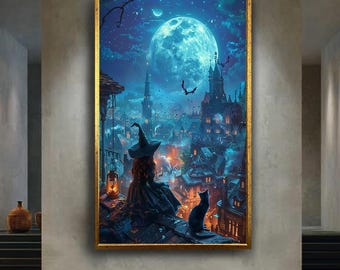 Witch and Black Cat under Full Moon Canvas Print, Magical Gothic City Night Fantasy Digital Art for Halloween and Enchanting Home Decor