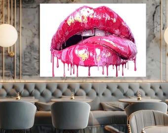 Dripping Pink Lips Pop Art Canvas Wall Art Print Bold Glossy Lip Painting Modern Sexy Art for Bedroom or Beauty Salon Decor