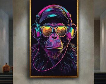 Cool Monkey Wall Art with Headphones Neon Pop Art Animal Illustration Colorful Music Artwork Modern Urban Decor