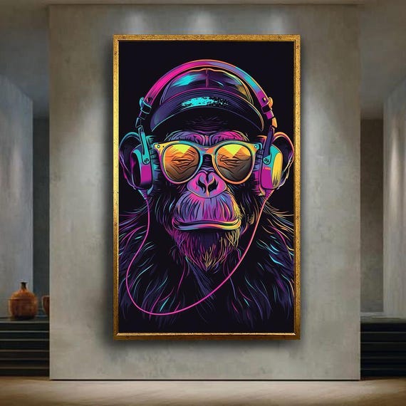Cool Monkey Wall Art With Headphones Neon Pop Art Animal
