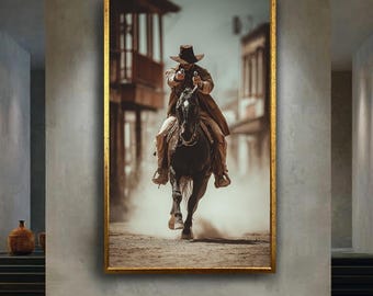 Wild West Cowboy Riding Horse with Guns Blazing, Dusty Desert Scene, Vintage Western Action Art Print for Rustic Wall Decor
