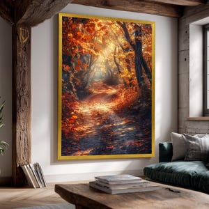 Golden Autumn Forest Trail Canvas Wall Art – Fall Foliage and Sunlight Path Scene for Rustic Home Decor, Cozy Spaces and Seasonal Wall Art