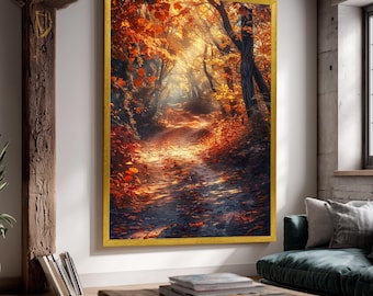 Golden Autumn Forest Trail Canvas Wall Art – Fall Foliage and Sunlight Path Scene for Rustic Home Decor, Cozy Spaces and Seasonal Wall Art