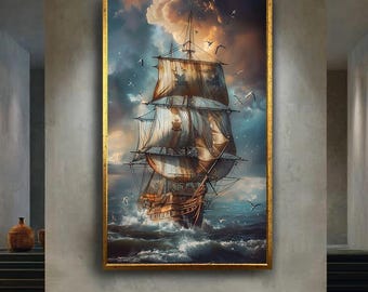 Tall Sailing Ship Ocean Canvas Wall Art, Nautical Maritime Artwork for Home Decor, Coastal Gift for Sea and Boat Enthusiasts