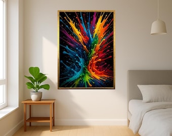 Rainbow Color Splash Explosion Canvas Abstract Art Vibrant Paint Burst Wall Poster Creative Energy Pop Art Print For Studio Or Modern Decor