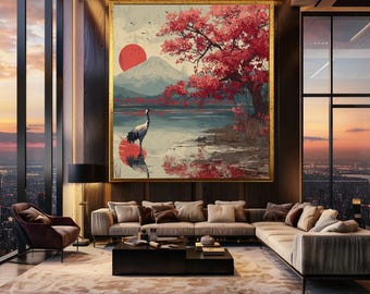 Japanese Crane and Red Sun Wall Art with Autumn Tree and Mountain Scenery, Tranquil Nature Canvas Print for Zen and Japandi Decor