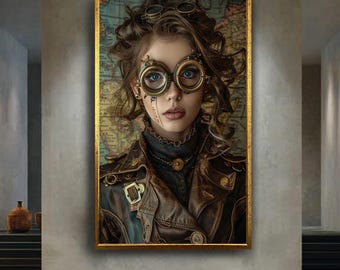 Steampunk Explorer Portrait Canvas – Vintage Sci-Fi Wall Art with Goggles and Leather Outfit