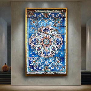 Vintage osmanische Fliesen Leinwand Kunst, gealtert Iznik Keramik Muster Druck, rustikale islamische Wanddekoration für kulturelle oder Boho Interieurs
