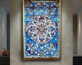 Vintage Ottoman Tile Canvas Art, Aged Iznik Ceramic Pattern Print, Rustic Islamic Wall Decor for Cultural or Boho Interiors