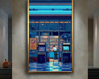 Neon Arcade Street Canvas Wall Art – Retro Futuristic Vending Scene with Vaporwave Lights – Cyberpunk Urban Decor for Game Room or Studio