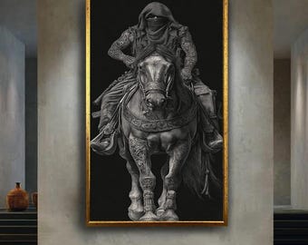 Dark Hooded Warrior on Horseback Fantasy Art Print, Mysterious Tattooed Rider Wall Poster for Gothic Medieval or Dark Decor Style