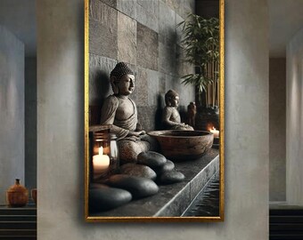 Zen Buddha Statue Canvas Print – Peaceful Spa Inspired Wall Art with Stones, Candles and Bamboo for Meditation Room or Calming Home Decor