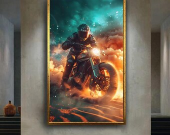 Adrenaline Motorcycle Rider Canvas Wall Art, Extreme Sports Action Print, Dynamic Biker Artwork with Dust Clouds and Fiery Energy