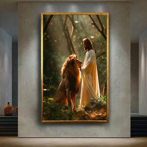 Jesus and Lion in Forest Wall Art – Spiritual Strength and Peace Digital Painting – Christian Religious Poster for Faithful Home Decor