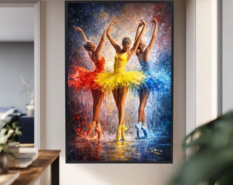 Colorful Ballerina Canvas Wall Art, Modern Dance Print with Red Yellow Blue Dresses, Vibrant Artistic Ballet Canvas for Dance Lovers