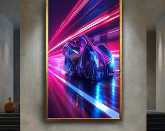 Futuristic Neon Sports Car Canvas Wall Art, Cyberpunk Racing Automobile Artwork for Home Decor, Gift for Car and Sci-Fi Lovers