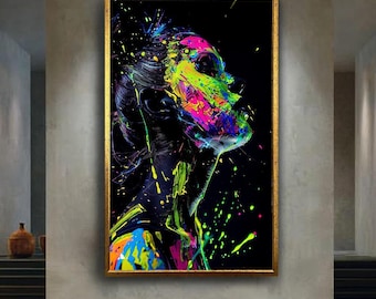 Neon Paint Splash Woman Canvas Wall Art – Vibrant Abstract Portrait, Colorful Modern Art Print for Contemporary Home or Studio Decor