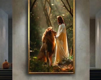 Jesus and Lion in Forest Wall Art – Spiritual Strength and Peace Canvas Print – Christian Religious Poster for Faithful Home Decor