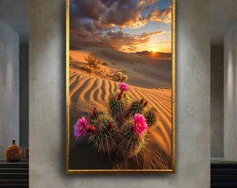 Blooming Cactus Canvas Wall Art in Sunset Desert Landscape – Vibrant Pink Flowers and Golden Dunes Print for Boho or Nature Home Decor