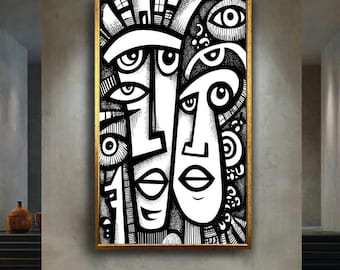 Black and White Abstract Faces Canvas Print – Modern Line Art Portrait for Minimalist Room, Studio Wall or Contemporary Home Decor