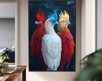 Fantasy Colorful Birds Canvas Wall Art with Red, Blue, and Yellow Feathers in Space Theme, Vibrant Modern Animal Print for Home Decor