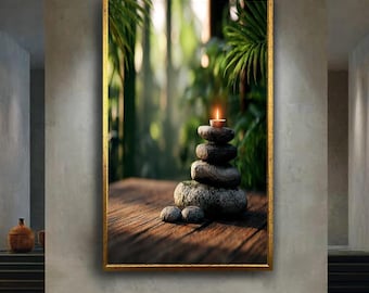 Zen Stone Candle Wall Art Print – Tranquil Spa Meditation Decor – Stacked Rocks and Candle Canvas Poster – Relaxing Nature Artwork