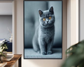 British Shorthair Cat Canvas Wall Art in Minimal Grey Tones – Modern Pet Portrait Print for Cat Lovers and Contemporary Interiors