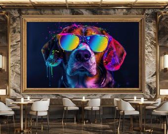 Neon Pop Art Dog Wall Print with Rainbow Glasses, Vibrant and Fun Pet Portrait Canvas for Modern Home or Teen Room Decor