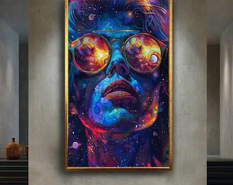 Galaxy Woman Canvas Wall Art with Fiery Space Reflections and Psychedelic Colors – Cosmic Portrait Print for Visionary Room Decor