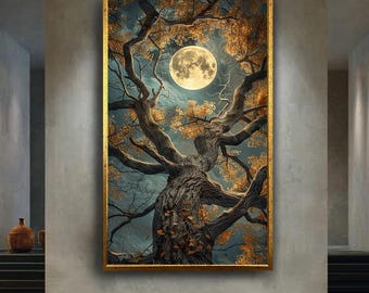 Mystical Moonlit Tree Canvas Wall Art, Enchanted Night Forest Print, Fantasy Nature Artwork with Golden Leaves for Magical Home Decor