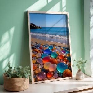 Colorful Glass Stones On Beach Digital Art Coastal Ocean Decor Summer Vibes Poster Sea Shells Sand Print For Relaxing Zen Wall Display