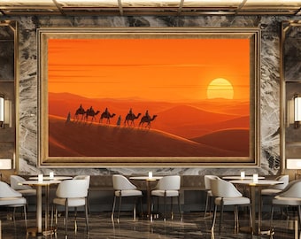 Desert Sunset Camel Caravan Canvas Wall Art Print Warm Toned Sand Dunes Painting Oriental Landscape for Home Office Decor