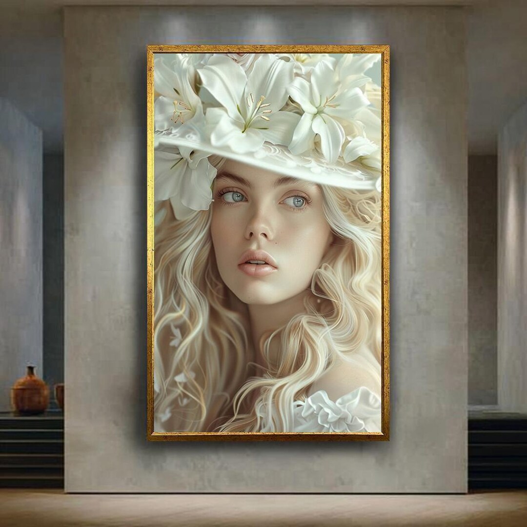 Elegant Woman Portrait With White Lily Hat Canvas Print, Romantic ...