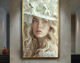 Elegant Woman Portrait with White Lily Hat Canvas Print, Romantic Floral Beauty Canvas Art for Feminine and Sophisticated Home Decor