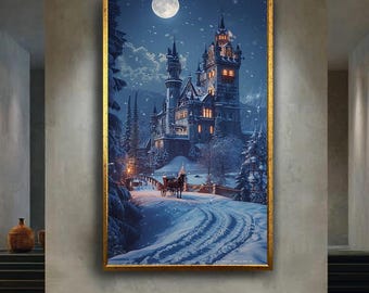 Fairy Tale Winter Castle Wall Art Snowy Night Canvas Print Horse Carriage Fantasy Scene Poster for Holiday Home Decor Gift