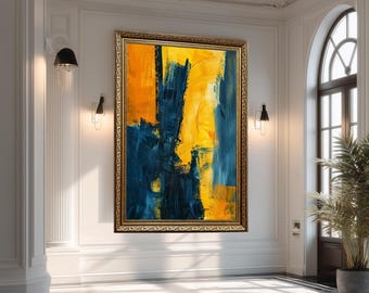 Vertical Abstract Canvas Wall Art with Bold Yellow and Navy Blue Strokes, Modern Textured Print for Contemporary Home Decor