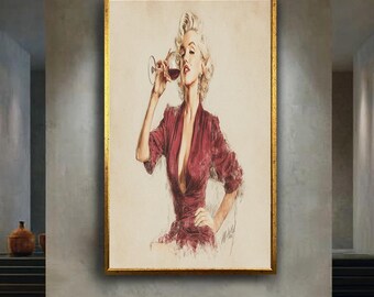 Vintage Glamour Wall Art Print, Elegant Woman in Red Dress Drinking Wine, Retro Style Fashion Illustration Poster Decor