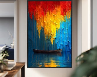 Color Splash Abstract Boat Canvas Wall Art – Bold Red Yellow Blue Drip Print for Modern Living Room Decor