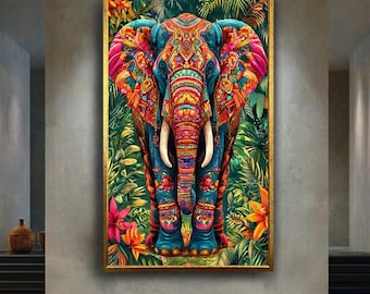 Colorful boho elephant canvas wall art print, vibrant Indian jungle decor with tribal floral patterns, spiritual animal artwork for home