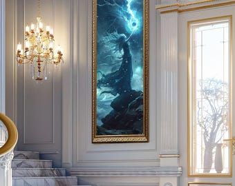 Storm Sorceress Wall Art Fantasy Lightning Woman Canvas Art Elemental Power Decor Magic Energy Female Print