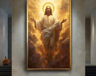 Jesus Christ Ascending in Golden Light Canvas Wall Art | Inspirational Christian Religious Home Decor