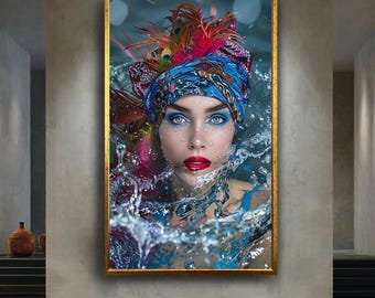 Exotic Woman Canvas Wall Art – Colorful Headwrap and Feather Headdress Portrait, Vibrant Water Splash Print for Modern Home Decor
