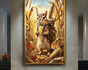 Cute Chipmunk with Corn Wall Art Autumn Harvest Animal Illustration Whimsical Woodland Creature Artwork Rustic Home Decor