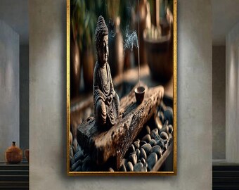 Zen Buddha Canvas Wall Art with Burning Incense and Stones – Peaceful Spiritual Decor Print for Meditation or Yoga Room Ambience