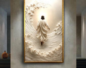Christian Wall Art Canvas Print of Jesus Walking on Water with Divine Light and Waves, Spiritual Religious Home Decor for Living Room