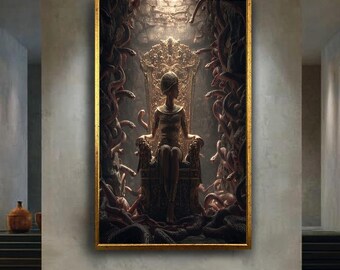 egyptian queen throne art mystical snake goddess canvas ancient power surreal fantasy woman wall decor dark moody artwork print