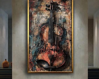 Vintage Violin Wall Art Print with Abstract Music Notes, Rustic Classical Instrument Artwork for Musician Room Decor